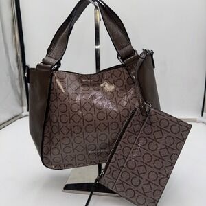 Calvin Klein Hobo Shoulder Bag Brown Monogram Wallet Set